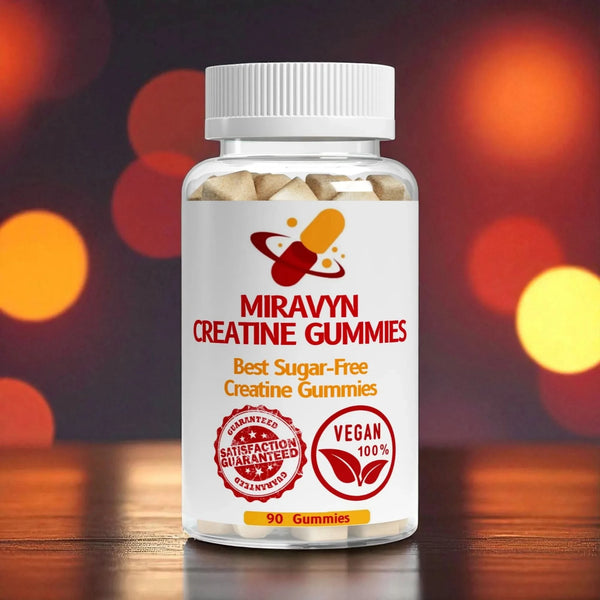 Bottle of Miravyn Creatine Gummies with a colorful blurred background.