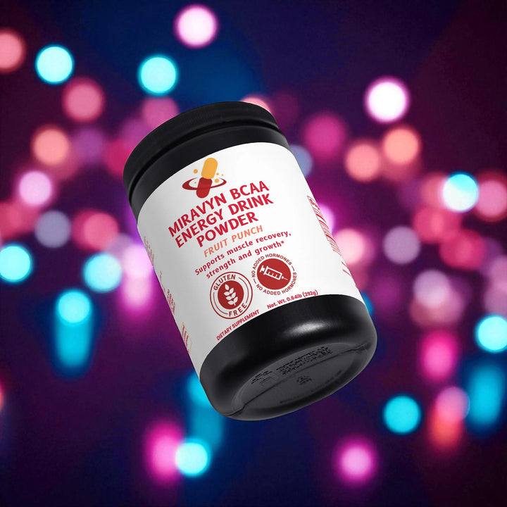 Miravyn BCAA energy drink powder container with colorful blurred lights in the background.