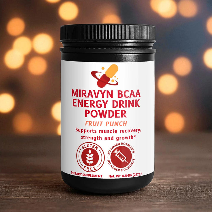 Jar of Miravyn BCAA Energy Drink Powder with a blurred bokeh effect background.