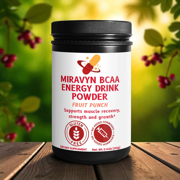 Jar of Miravyn BCAA Energy Drink Powder on a wooden surface with a blurred natural background.