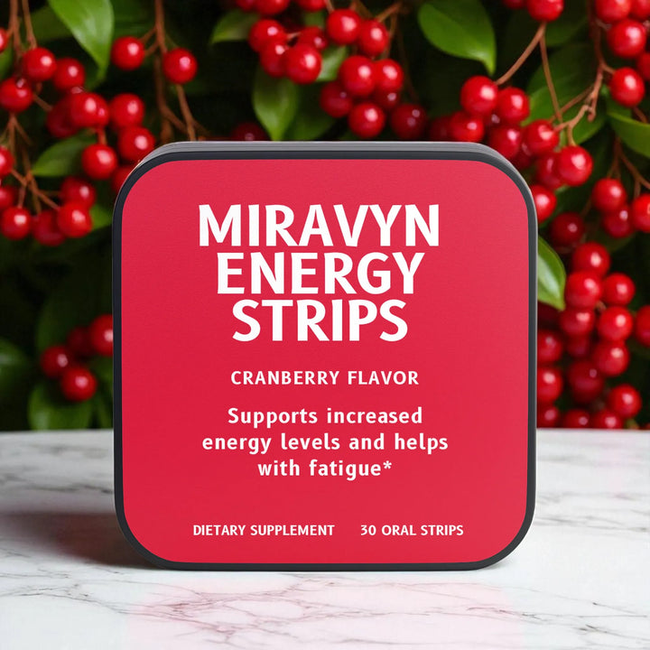 Red container of Miravyn Energy Strips with cranberry flavor on a background of red berries.