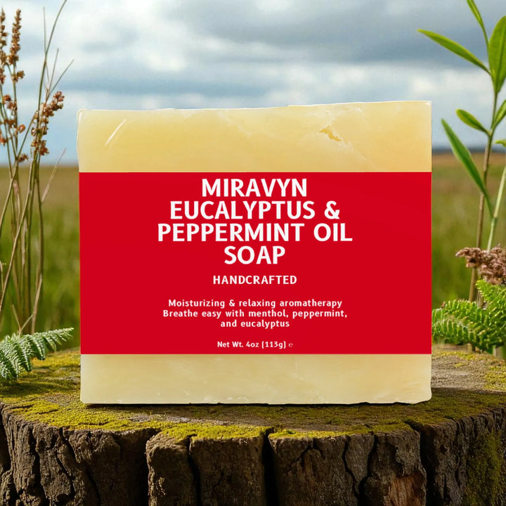 Miravyn Eucalyptus & Peppermint Oil Soap on a wooden block with a natural background.