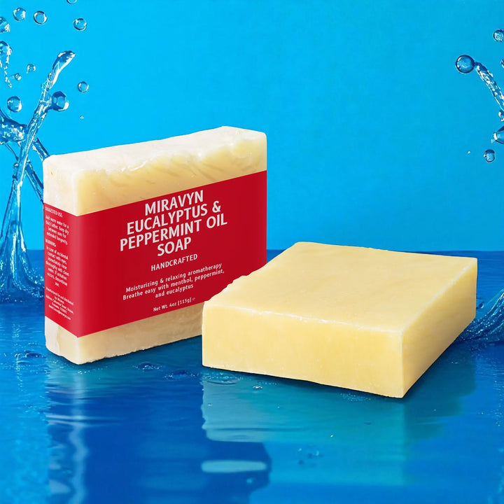 Bar of Miravyn Eucalyptus & Peppermint Oil Soap with a red label on a blue water background.