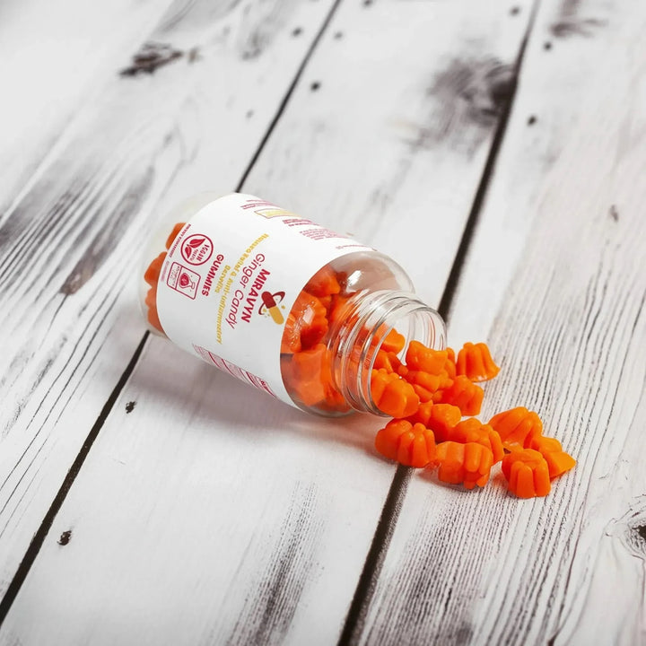 Ginger candy – Ginger chews for nausea relief with anti-inflammatory benefits, Miravyn vegan gummies.