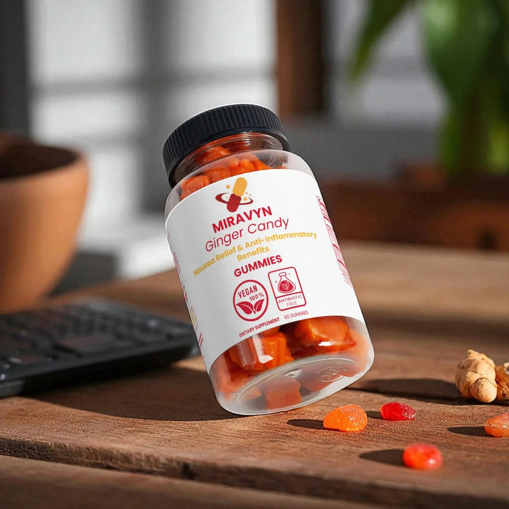 Ginger candy for nausea – Ginger chews for vegans. Ginger gummies for nausea relief and anti-inflammatory benefits, antibiotic-free supplement.