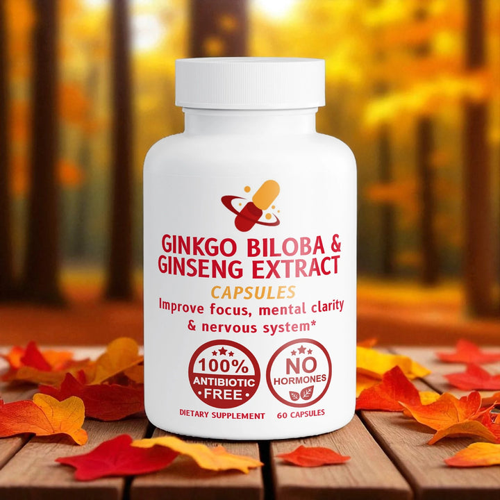 Supplement bottle labeled 'Ginkgo Biloba & Ginseng Extract Capsules' on a wooden surface with leaves and forest background.