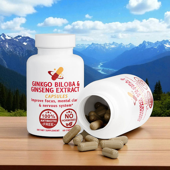 Supplement bottle labeled 'Ginkgo Biloba & Ginseng Extract' with capsules on a wooden surface against a mountainous background.