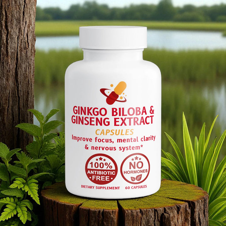 Supplement bottle labeled 'Ginkgo Biloba & Ginseng Extract capsules' on a stump with a natural background.