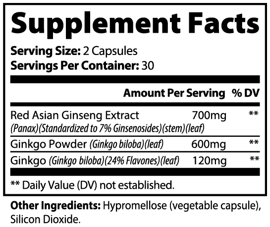 Supplement facts for ginkgo biloba and ginseng extract capsules with detailed ingredients and serving sizes.