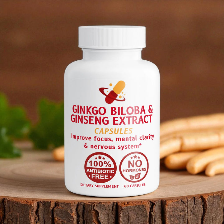 Bottle of Ginkgo Biloba & Ginseng Extract capsules on a wooden surface with a blurred background.