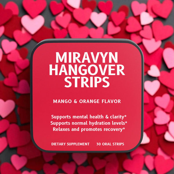 Miravyn Hangover Strips packaging with heart-shaped background.