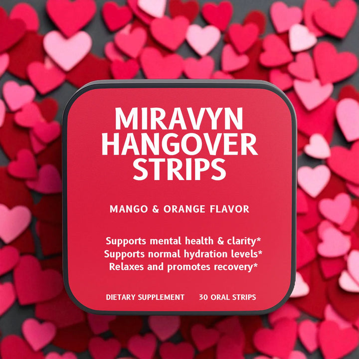 Miravyn Hangover Strips packaging with heart-shaped background.