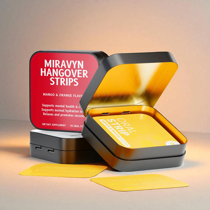 Opened case of Miravyn Hangover Strips packaging with yellow strips on a gradient background.