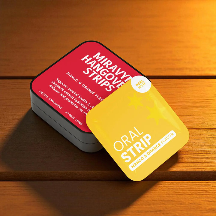 Miravy Hangover Strips packaging on a wooden surface.