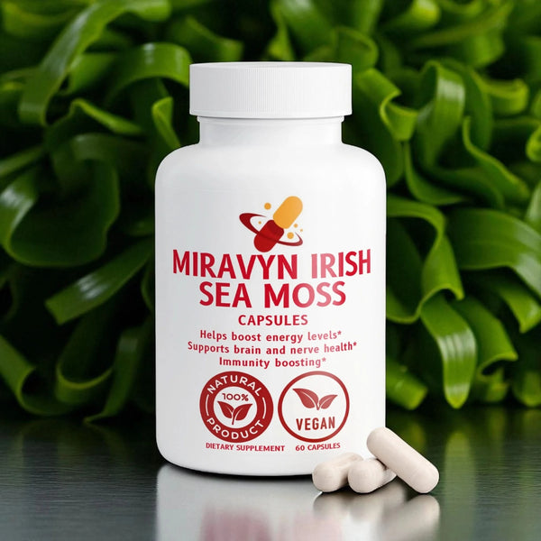 The Irish sea moss capsules bottle with green seaweed in the background. Contains sea moss and bladderwrack.