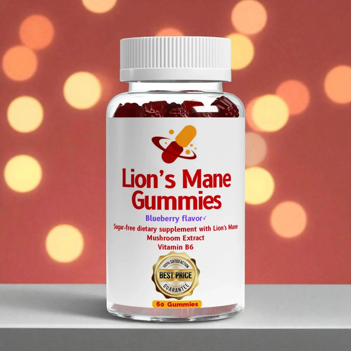 Bottle of Lion's Mane Gummies, tasty sugar free gummies with a bokeh background.