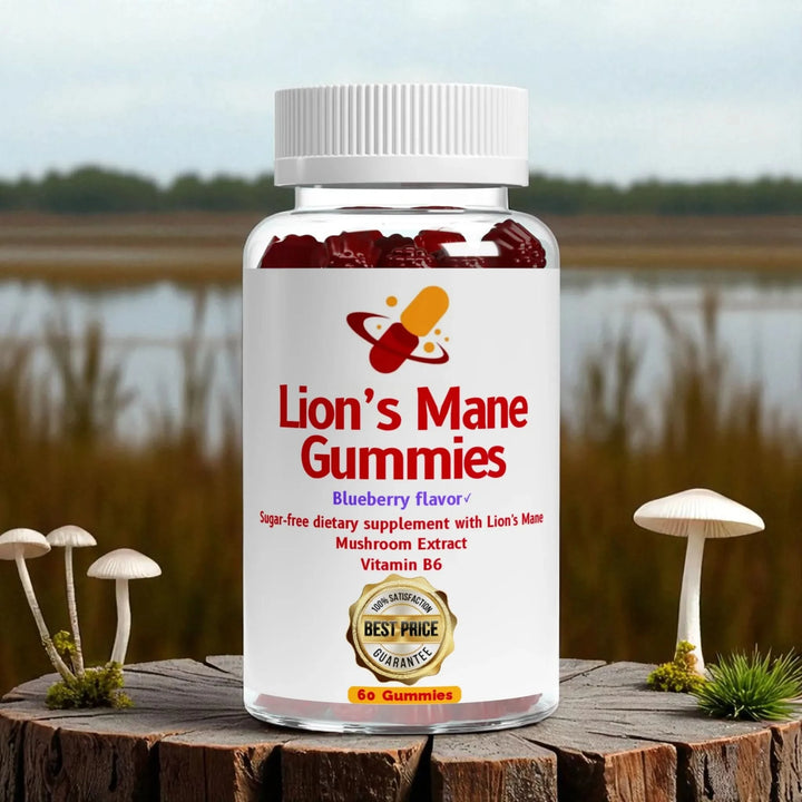 Bottle of Lion's Mane Gummies, tasty gummies with mushrooms and nature in the background.