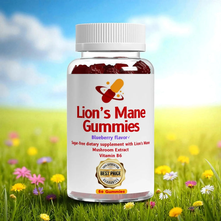 Lion's Mane Gummies, tasty gummies with a scenic background of a field with flowers and blue sky.
