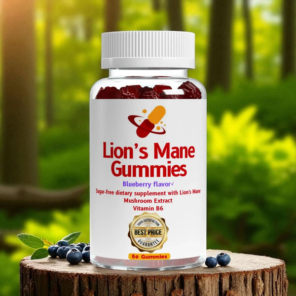 Lion's Mane sugar-free tasty gummies with blueberries on a tree stump.
