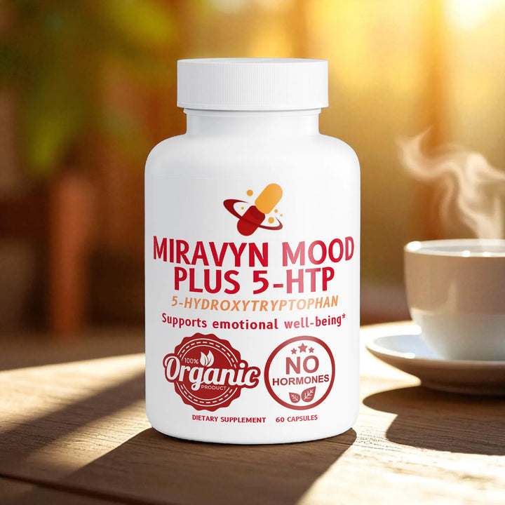 Supplement bottle labeled 'Miravyn Mood Plus 5-HTP' on a wooden table with a blurred background.