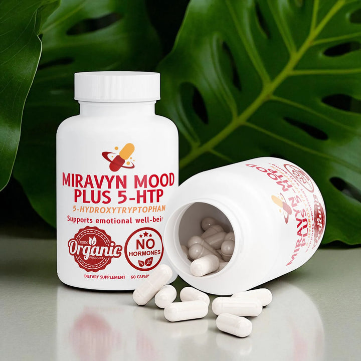 Miravyn Mood Plus 5-HTP supplement bottle with pills on a reflective surface with green leaves in the background.