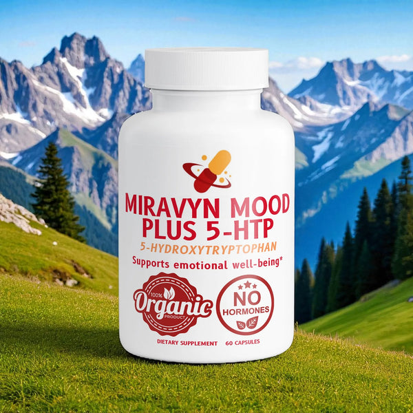 Supplement bottle labeled 'Miravyn Mood Plus 5-HTP' with mountainous landscape in the background.
