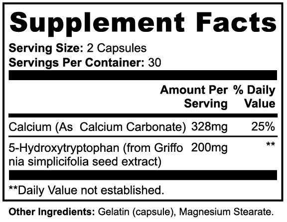 Supplement facts label with detailed nutritional information for mood plus 5-HTP on a white background.