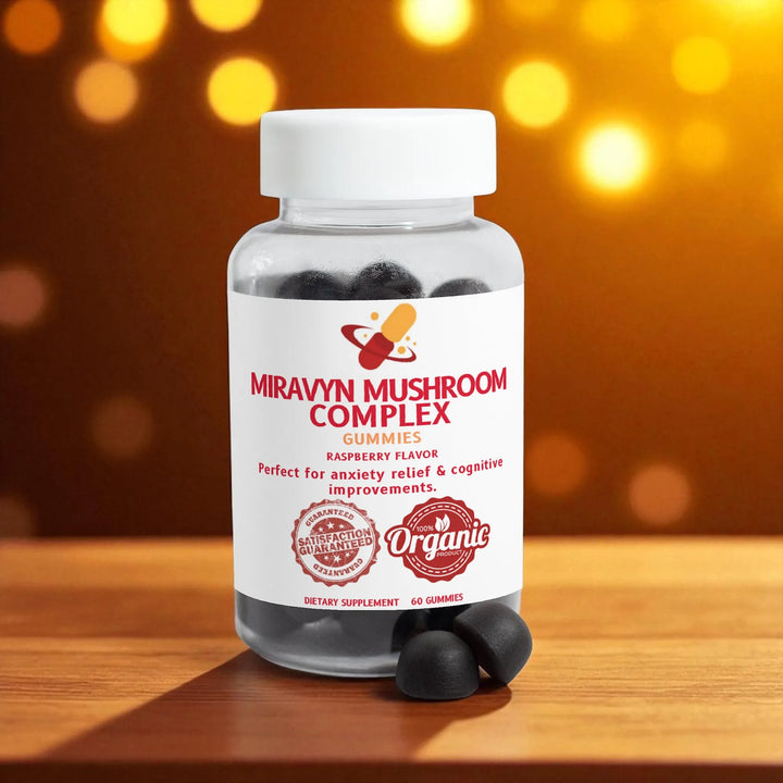 Bottle of Miravyn Mushroom Complex nootropic gummies on a wooden surface with bokeh effect.
