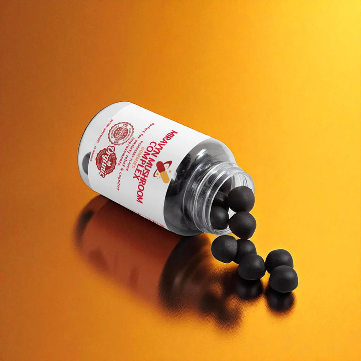 Bottle of mushroom complex nootropic gummies spilling out on an orange background.