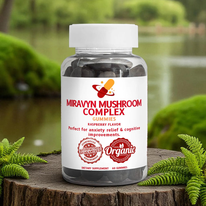 Bottle of Miravyn Mushroom Complex  nootropic gummies on a wooden stump with a natural background.