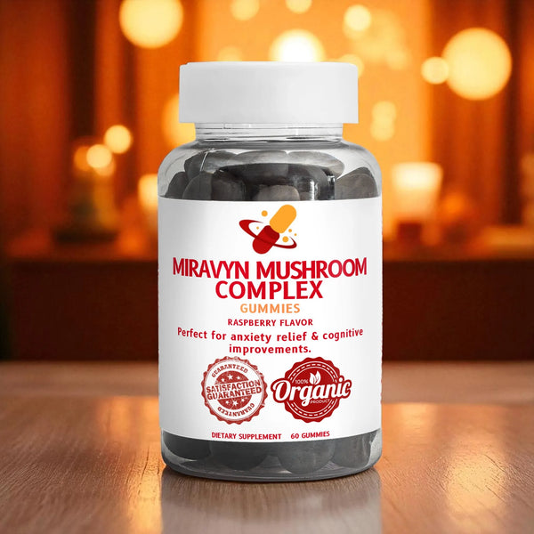 Bottle of Miravyn Mushroom Complex  nootropic gummies on a wooden surface with warm-toned background.