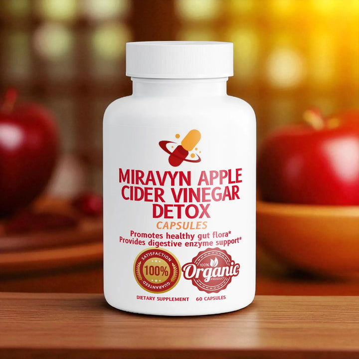 Miravyn organic apple cider vinegar detox capsules bottle with apples in the background.