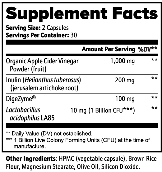 Supplement facts label for organic apple cider vinegar detox capsules.