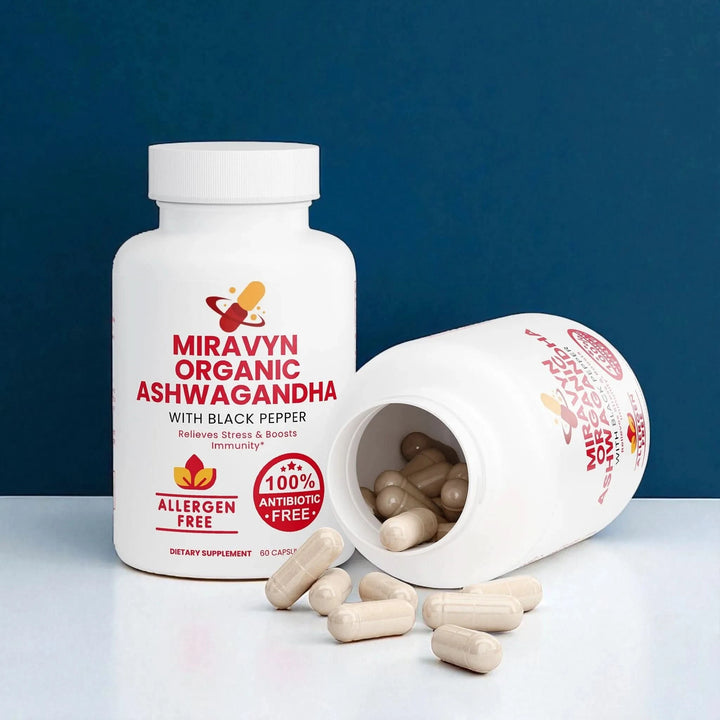 Miravyn Organic Ashwagandha with Black Pepper, stress relief and immunity support, allergen-free, antibiotic-free, 60 capsules.