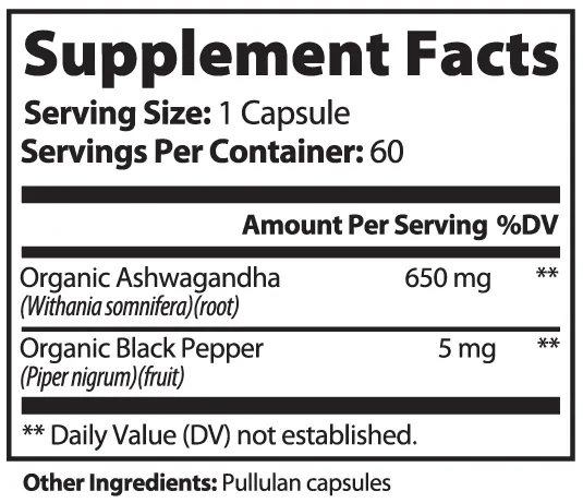 Supplement facts for Miravyn Organic Ashwagandha with Black Pepper, showing 650 mg of Ashwagandha root and 5 mg of Black Pepper per capsule. This supplement supports stress relief and immunity with 60 servings per container.