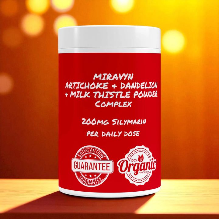 Miravyn Artichoke & Dandelion root powder on a wooden surface with a bokeh effect background.