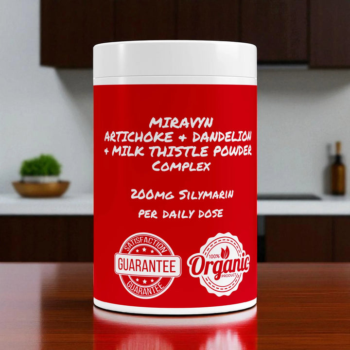 Miravyn artichoke and dandelion root extract supplement on a kitchen counter.