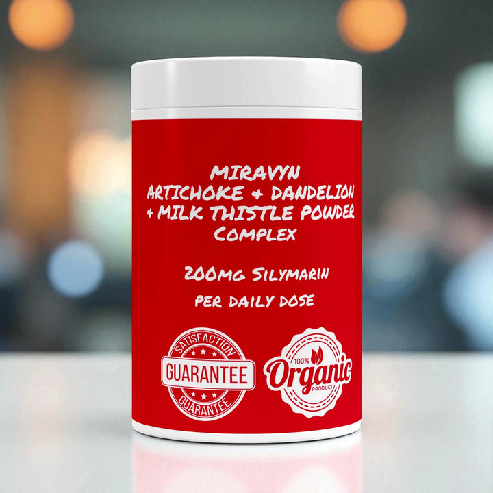Miravyn artichoke & dandelion root extract supplement on a blurred background.
