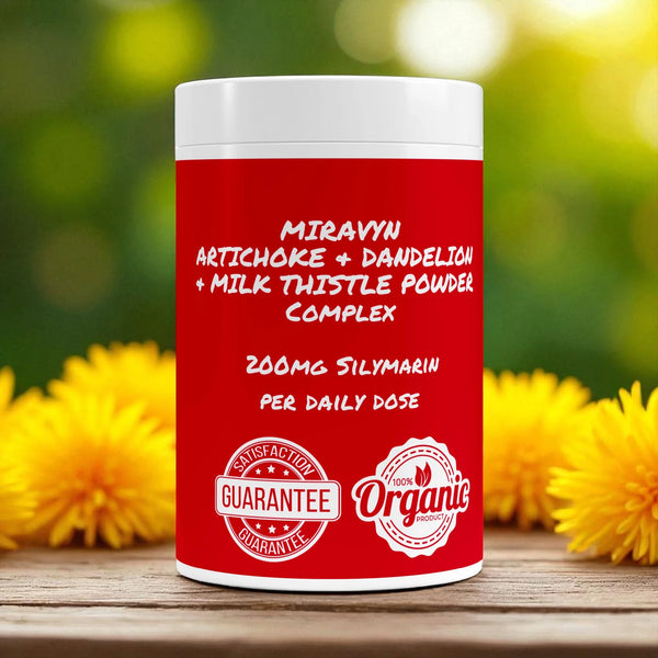 Miravyn organic dandelion root powder supplement on a natural background.