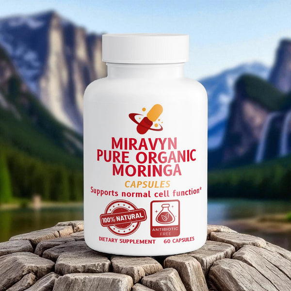 Miravyn Pure Organic Moringa capsules bottle with mountain and lake background.