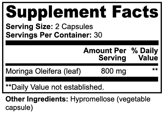 Organic Moringa capsules facts label with Moringa Oleifera and Hypromellose information.