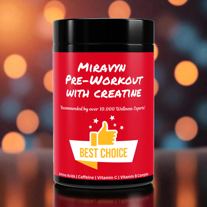 Red container of Miravyn Pre Workout with Creatine with a bokeh effect background.