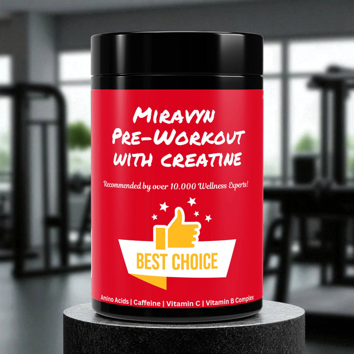 Miravyn pre-workout with creatine supplement container with red label in a gym setting.