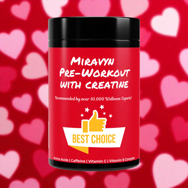 Red pre-workout supplement with creatine with black lid on a red background with heart shapes.