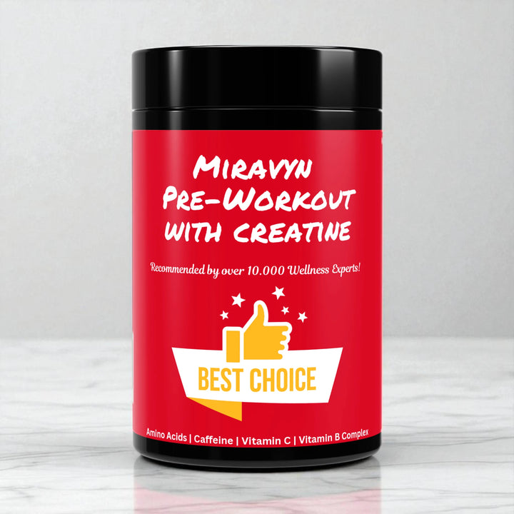 Red container labeled 'Miravyn Pre-Workout with Creatine' on a light gray background.