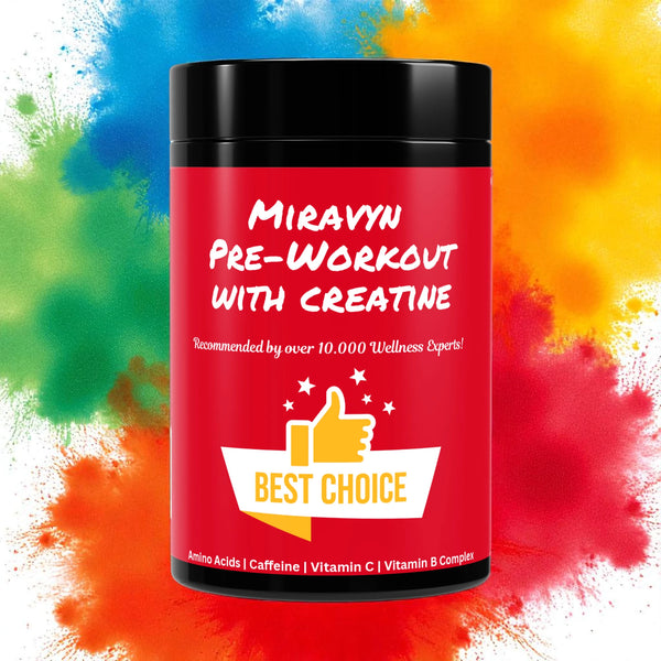 Red container of Miravyn performance inspired Pre Workout with Creatine on a colorful background.