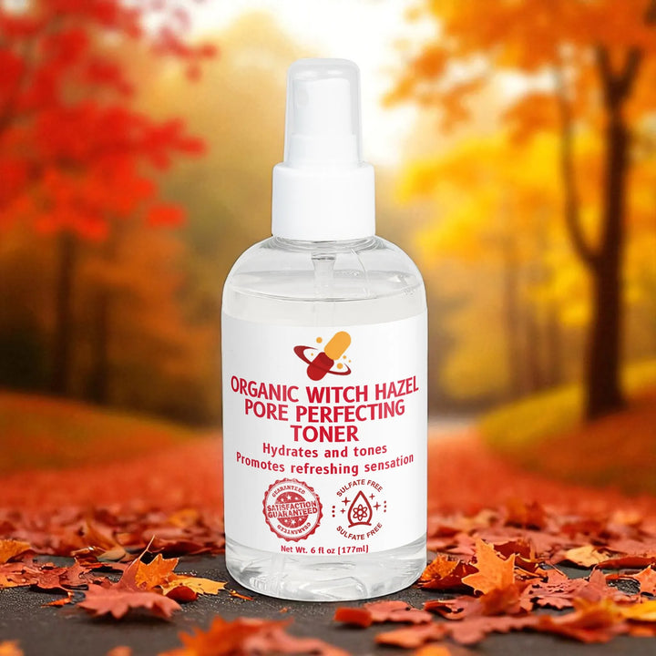 Bottle of organic witch hazel pore minimizer toner with an autumn background.