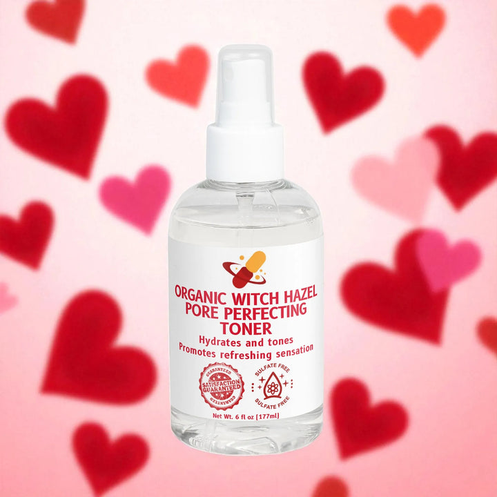 Bottle of Organic Witch Hazel pore minimizer toner with a heart pattern background.