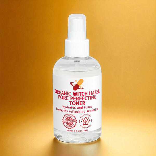 Bottle of Organic Witch Hazel Pore Minimizer Toner on a yellow background.