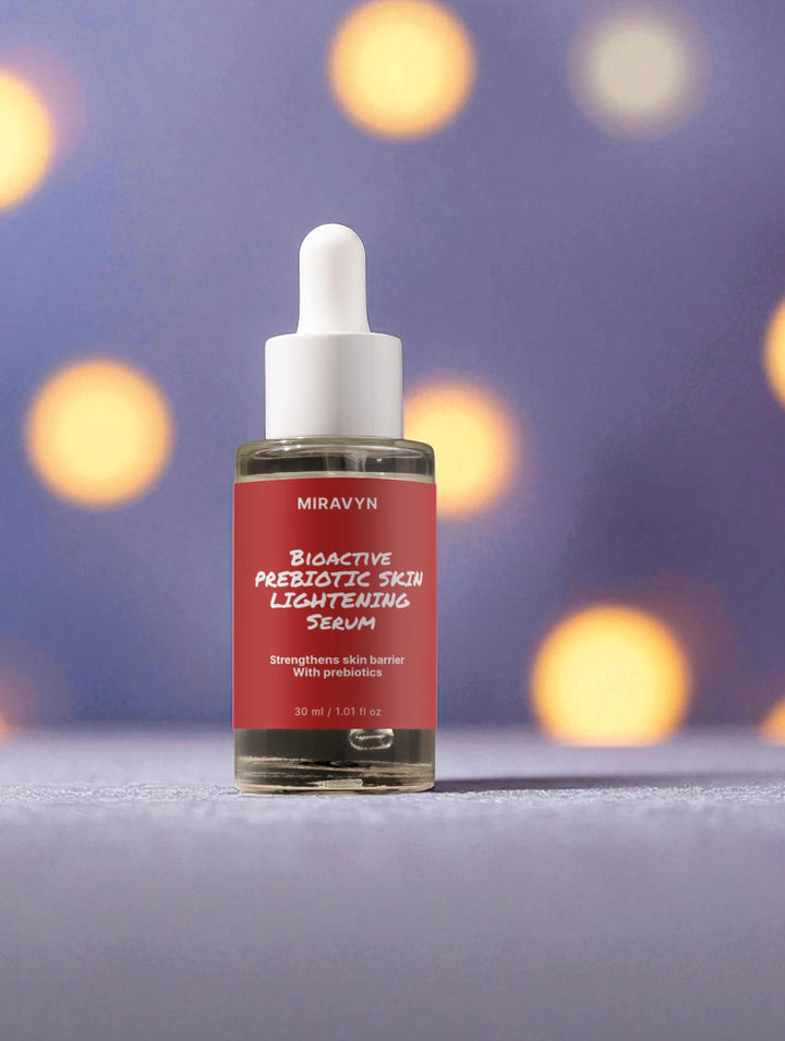 Miravyn Skin Lightening Serum bottle with a colorful blurred background.